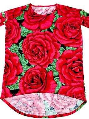 LuLaRoe Irma Hi Low Tunic Tee T-Shirt Women's Size XXS Red Green Rose Print